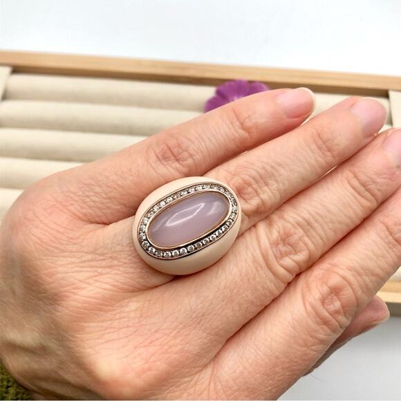 DBJ Dee Berkley Cocktail Right Hand Ring Chunky Pink Enamel Pave Halo Statement - Picture 12 of 16